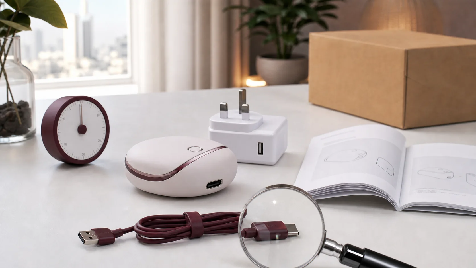 Rechargeable wellness device charging checklist with cable, adapter, and manual