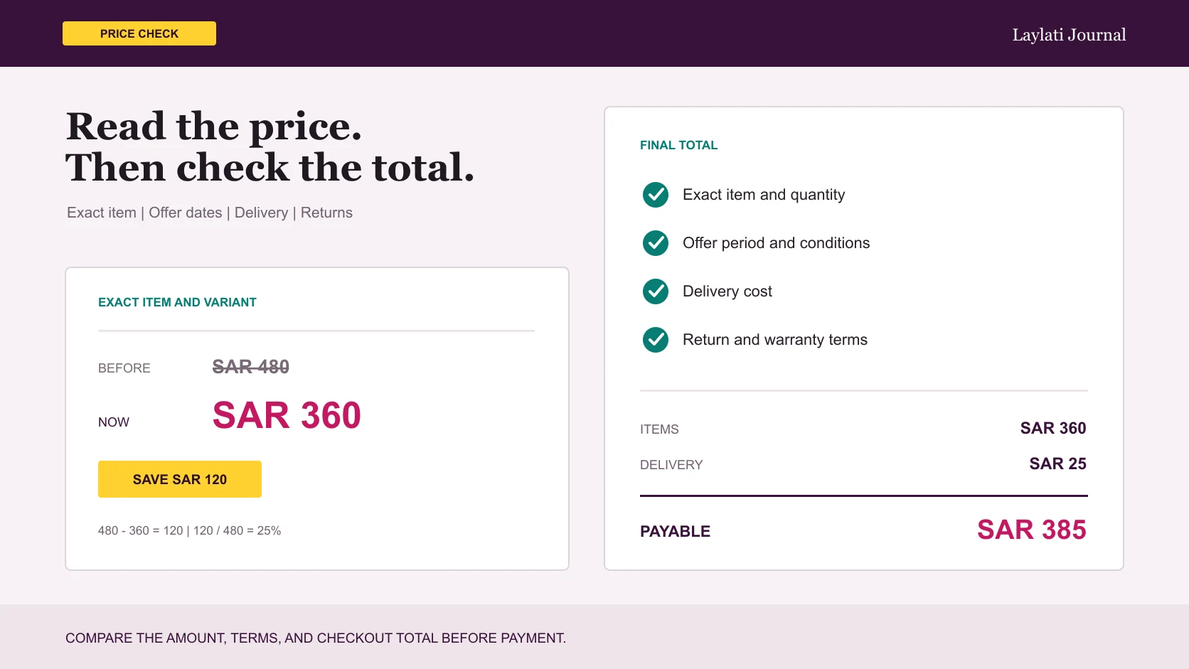 Previous and current SAR prices with delivery cost and final checkout total